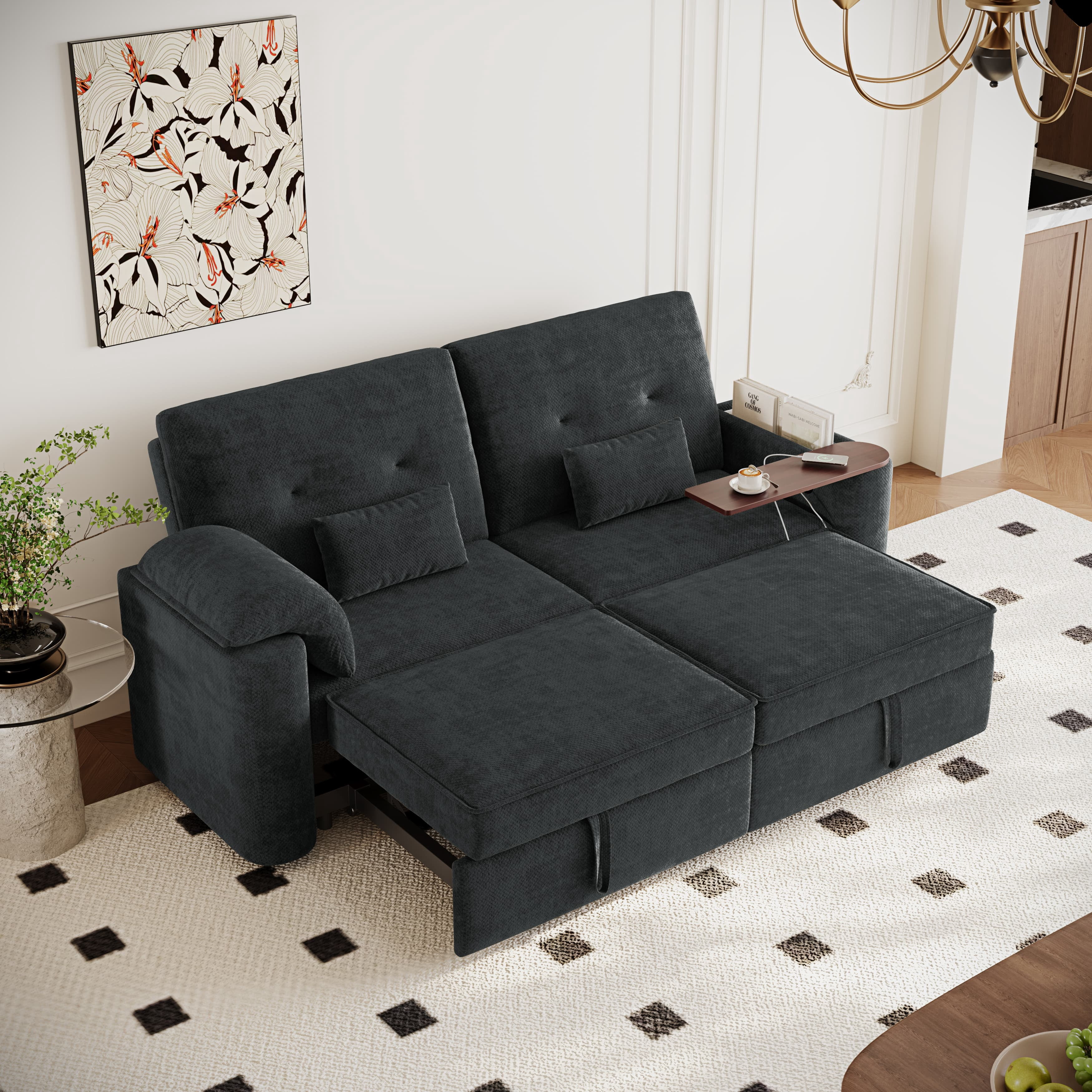 Aukfa 82" 3-in-1 Convertible Sleeper Sofa, Modern Chenille Queen Pull-Out Sofa Bed with USB/Type-C Ports & Rotating Side Table for Living Room & Apartment,Black