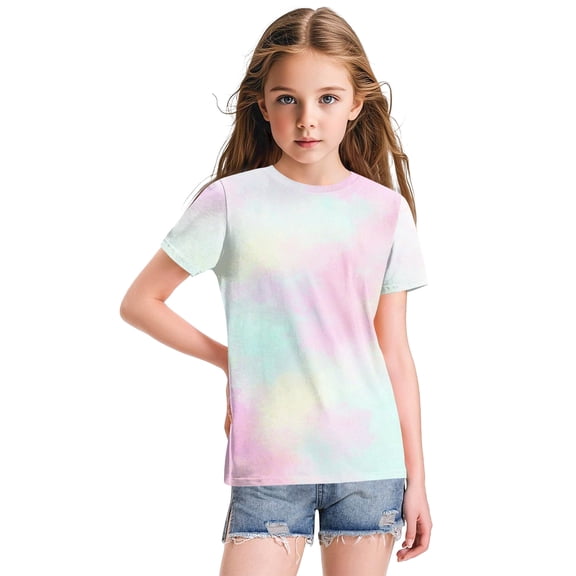 Abcomgle Girls Top 14-16 Crewneck Tie Dye Girls Shirts Summer Short Sleeve Toddler T-Shirt Fashion Cotton Tops,Multicolor,11-12Years
