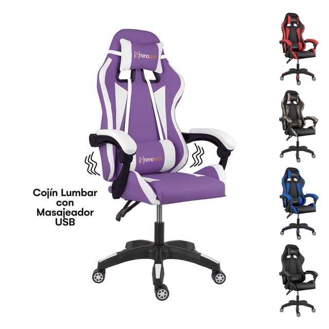 silla gamer ergonómica nenotech max reclinable purple modelo morado, vista frontal 3/4 con respaldo alto y cabecera; cojín lumbar con masajeador por USB; reposabrazos acolchonados unidos al respaldo; asiento de espuma de alta densidad y vinipiel; base de cinco ruedas de nylon y pistón de gas clase 2, reclina hasta 135°. A menudo usada también como silla ergonómica para home office por su soporte y ajuste.