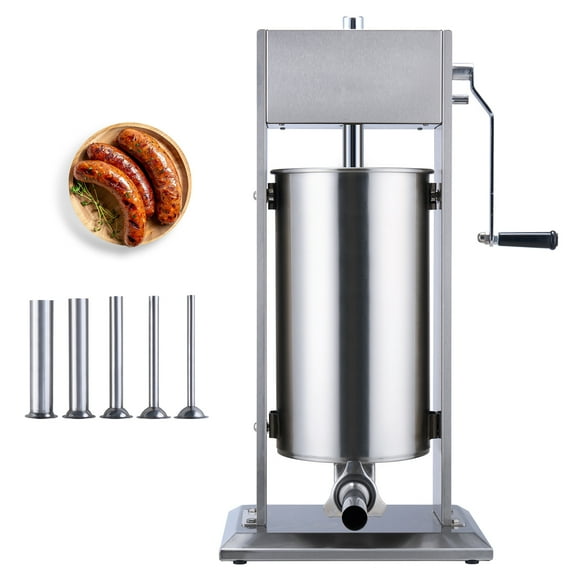 KFFKFF Hand-Operated Sausage Filler, Capacity of 15 L / 30 LBS, Upright Meat Filling Machine, Two-Speed Functionality, Constructed from Food-Safe 304 Stainless Steel, Comes with 5 Filling Nozzles