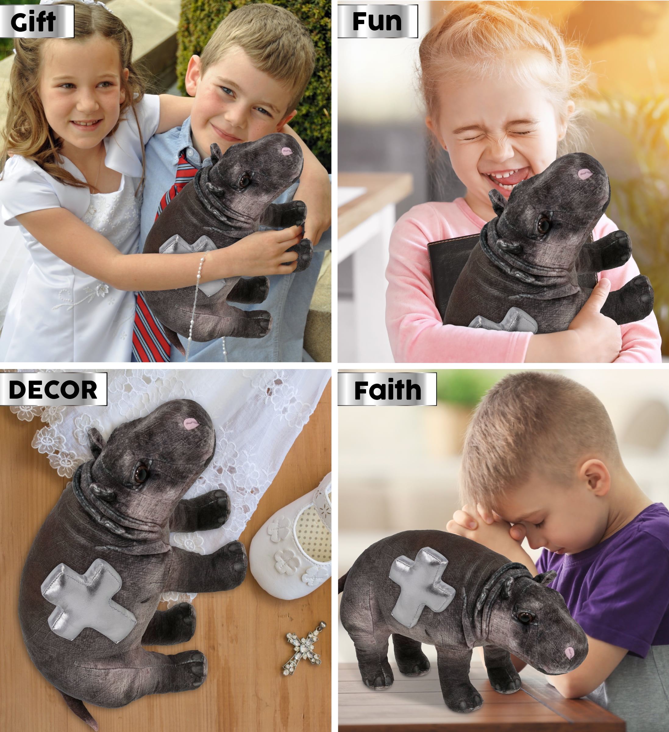 DolliBu Wild Collection Hippo Stuffed Animal with Silver Cross Plush - Baptism Gifts for Boys and Girls, Dedication Christening Gifts Plush Prayer Toy Healing Stuffed Animal - 13 Inches