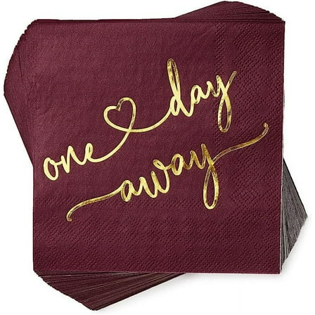 One Day Away Rehearsal Dinner Cocktail Napkins Burgundy and Gold Napkins Dessert Beverage Table Decorations Wedding Party Supplies 100 Pcs, 3-ply