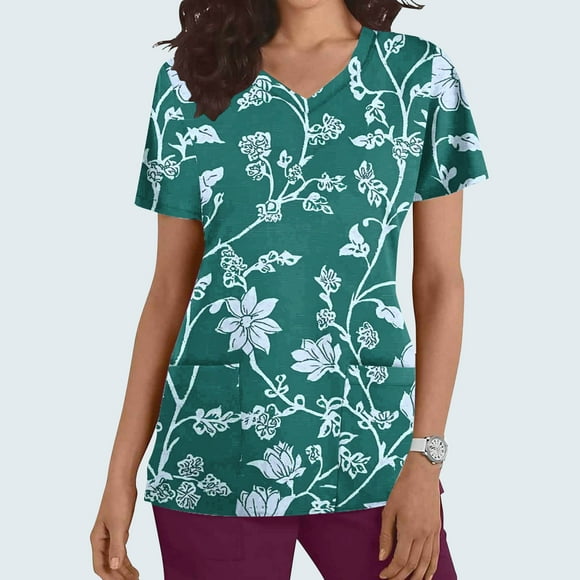 Clearance Fatuov Women's Scrubs with Pocket V-Neck Summer Graphic Tees Short Sleeve Floral Print Nursing Uniforms Tops Sky Blue