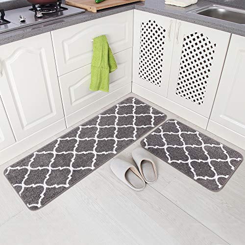 Black 17x48+17x24 Carvapet 2 Pieces Microfiber Moroccan Trellis Non-Slip Soft Kitchen Mat Bath Rug Doormat Runner Carpet Set