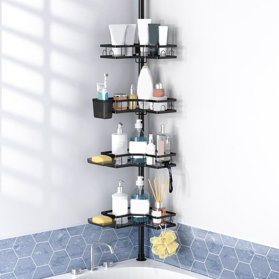 ACDANC Shower Caddy with Tension Pole: 4 Tier Adjustable L-Shaped Corner Shower Organizer for Bath Essentials,43.5 to 120 Inch,Black