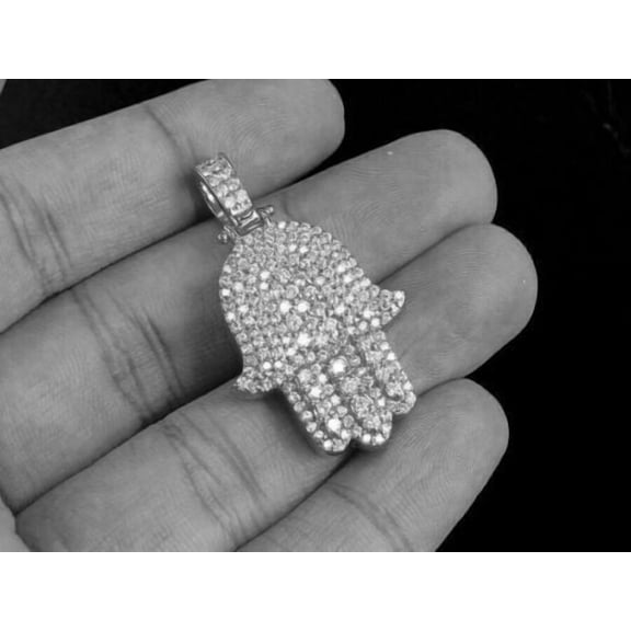 2Ct Round Cut Lab Created Diamond Hamsa Hand Pendant 14k White gold Plated