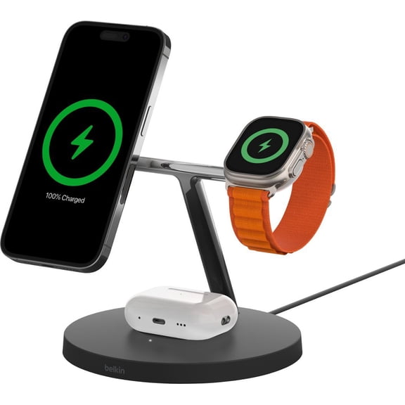 Restored Belkin BoostCharge Pro MagSafe 3-in-1 Wireless Charger for iPhone, Watch and Headphones - 15W Fast Charging for iPhone 15,14, or 13 Series, Apple Watch Fast Charge, and AirPods Charging Station, Black (Refurbished)