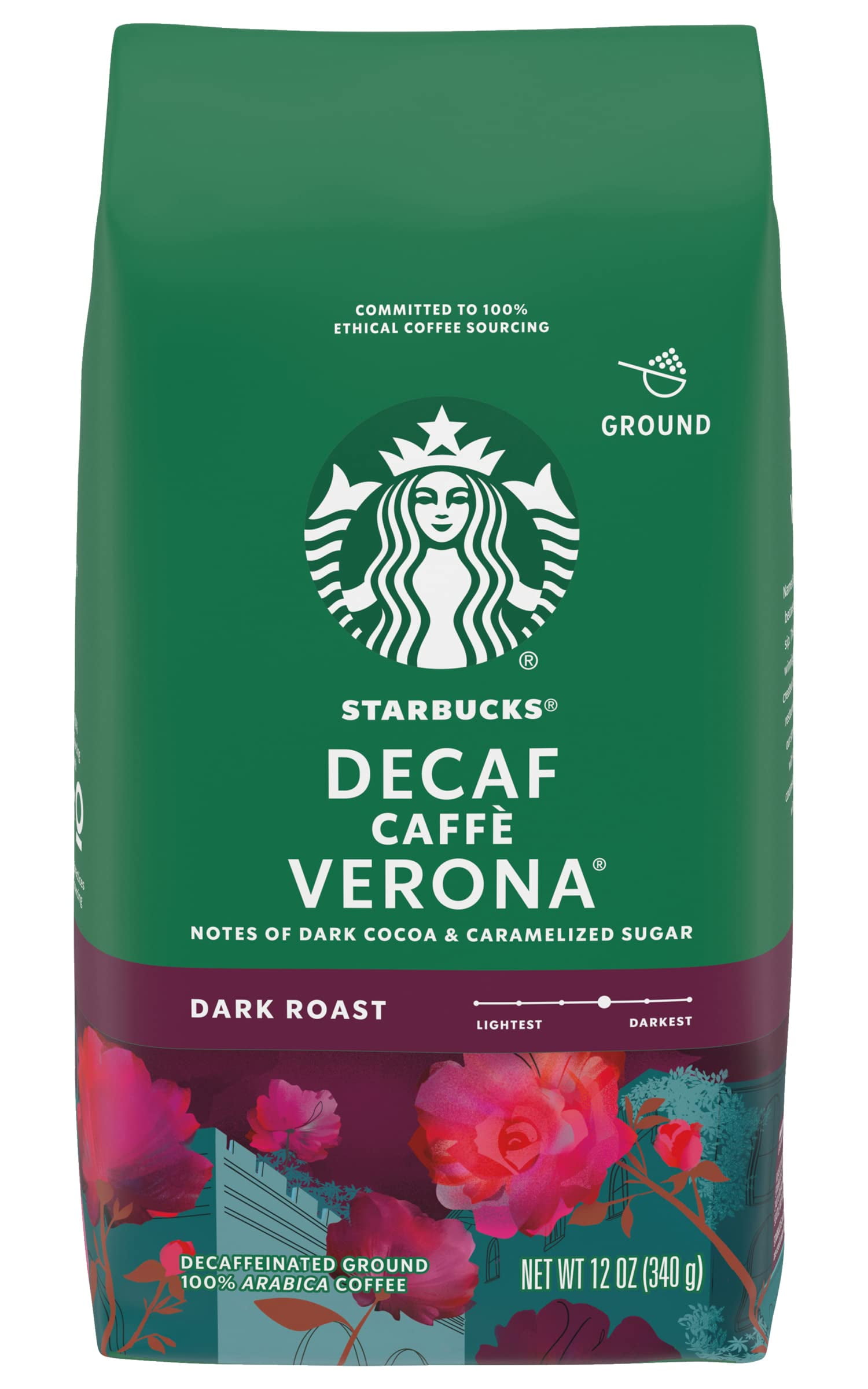 Starbucks Decaf Ground Coffee, Caffè Verona, Dark Roast Decaffeinated Ground 100% Arabica Coffee, Notes Of Dark Cocoa & Caramelized Sugar, 12-Ounce Bag (Pack Of 2) Packaging May Vary