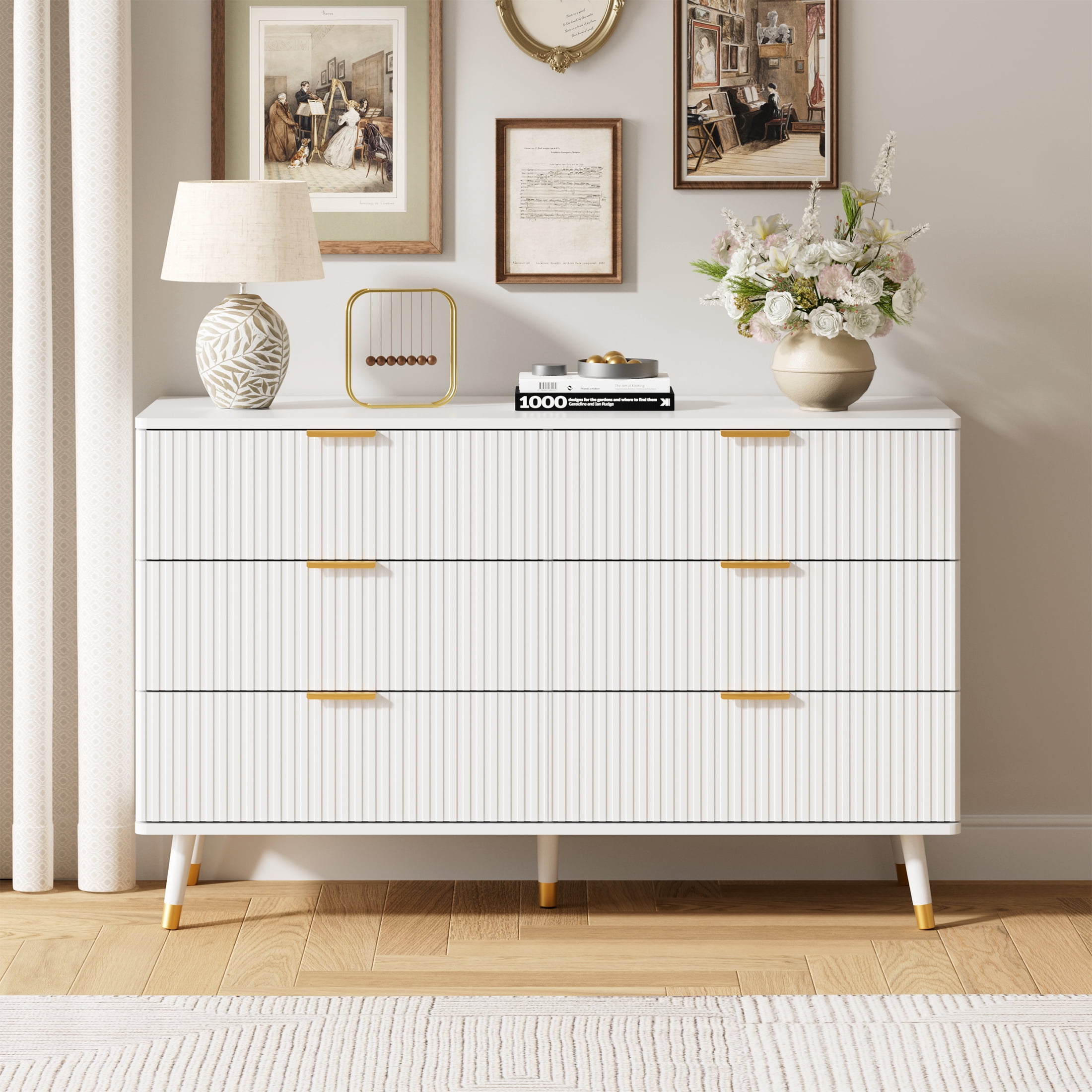 YouTrend 6 Drawer Dresser with Metal Handles Modern Fluted Wood Dresser Adult Storage Chest of Drawers for Bedroom Living Room Hallway,White