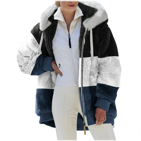 Women's Loose Plus Size Plush Hooded Jacket, Multicolor Paneled Zip-Up Long Sleeve Outerwear, Casual Warm Daily Coat, Navy Blue, L