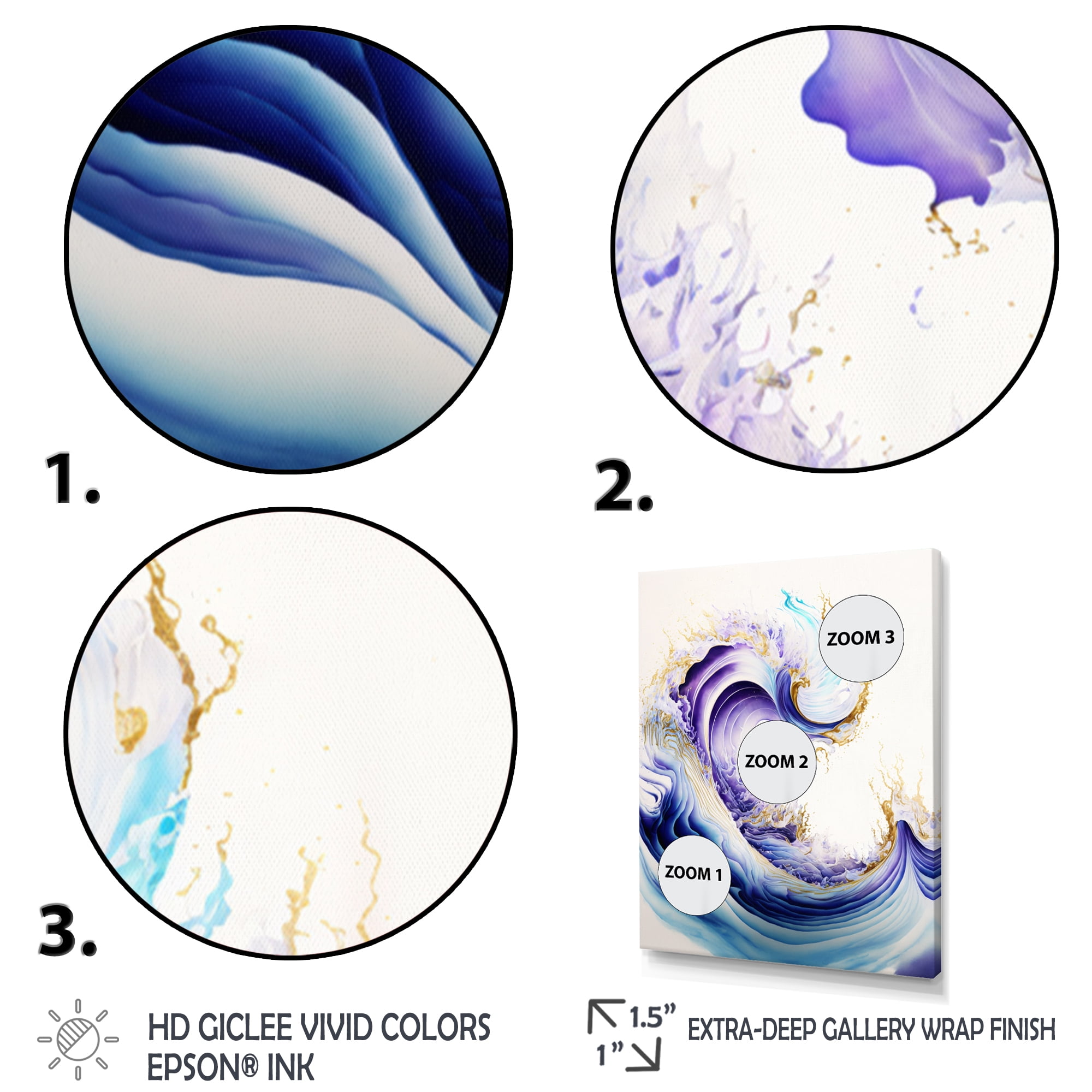 Designart Blue, Gold And Purple Splash Paint II Canvas Wall Art