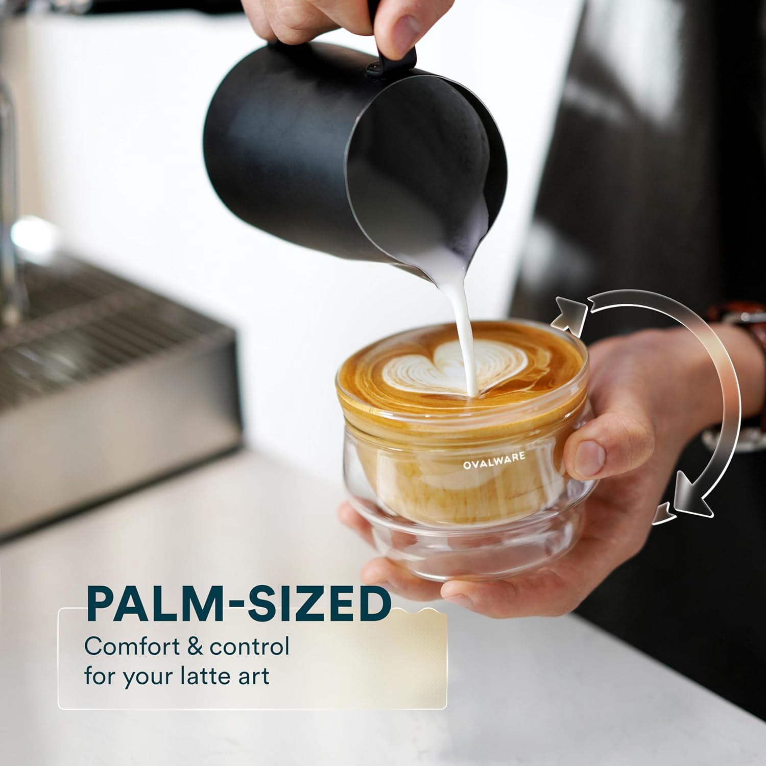 OVALWARE 8.5oz Double Wall Latte Cups, Latte Set of 2 - Latte Glasses for Cold & Hot Drink, Palm Sized Latte Glass Cups with Wide Rim for Latte Art - Clear Glass