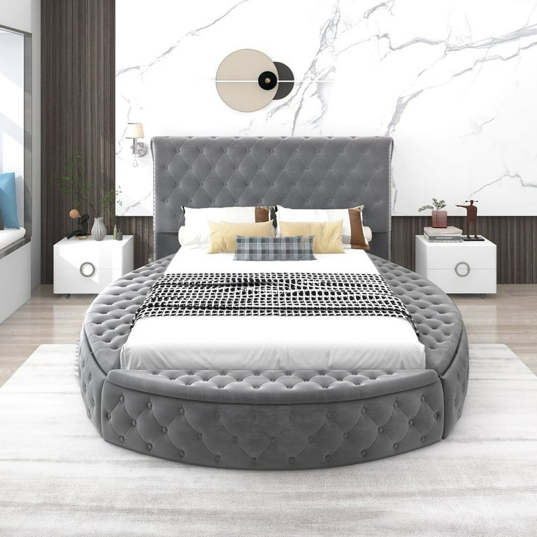 Upholstered Platform Bed Low Round Bed Full Size with Sides