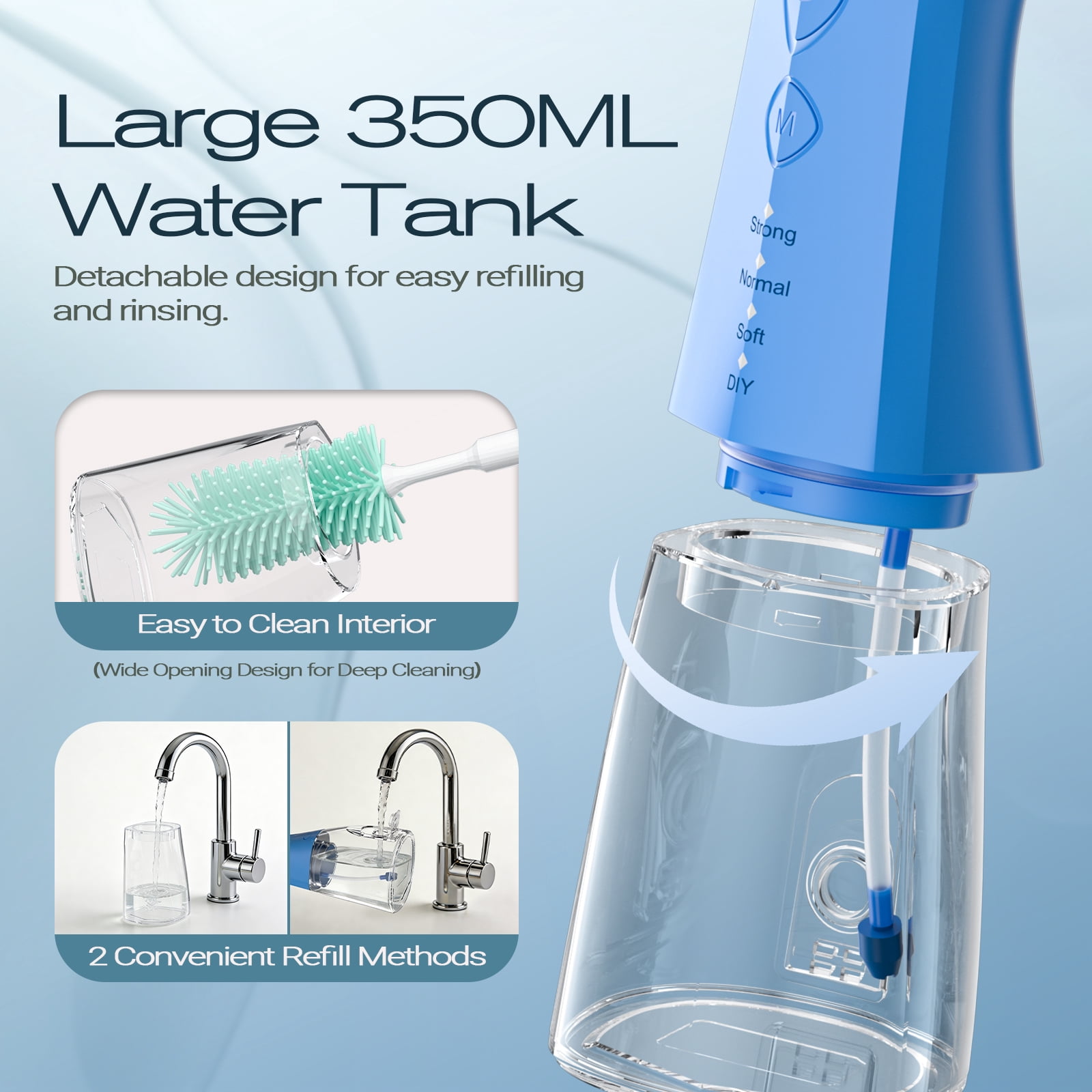 OasiSmile Water Picks for Teeth Cleaning, Dental Water Flosser 350ML Cordless Portable 4 Modes Rechargeable Oral Irrigator with 4 Jet Tips for Home Travel Office, Blue