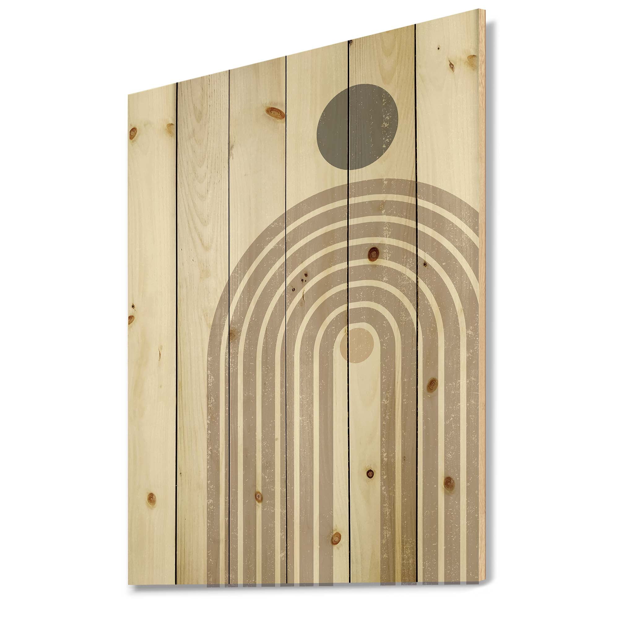 Designart 'Abstract Rainbow Moon and Sun In Earth Tones I' Modern Print on Natural Pine Wood