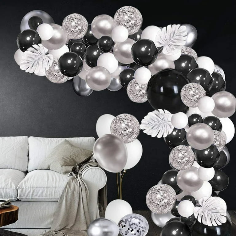 MMTX Black Silver White Balloon Arch Kit Party Decoration, Silver Metallic  White Black Silver Confetti Balloons with Silver Palm Leaves for Birthday  Party Baby Shower 
