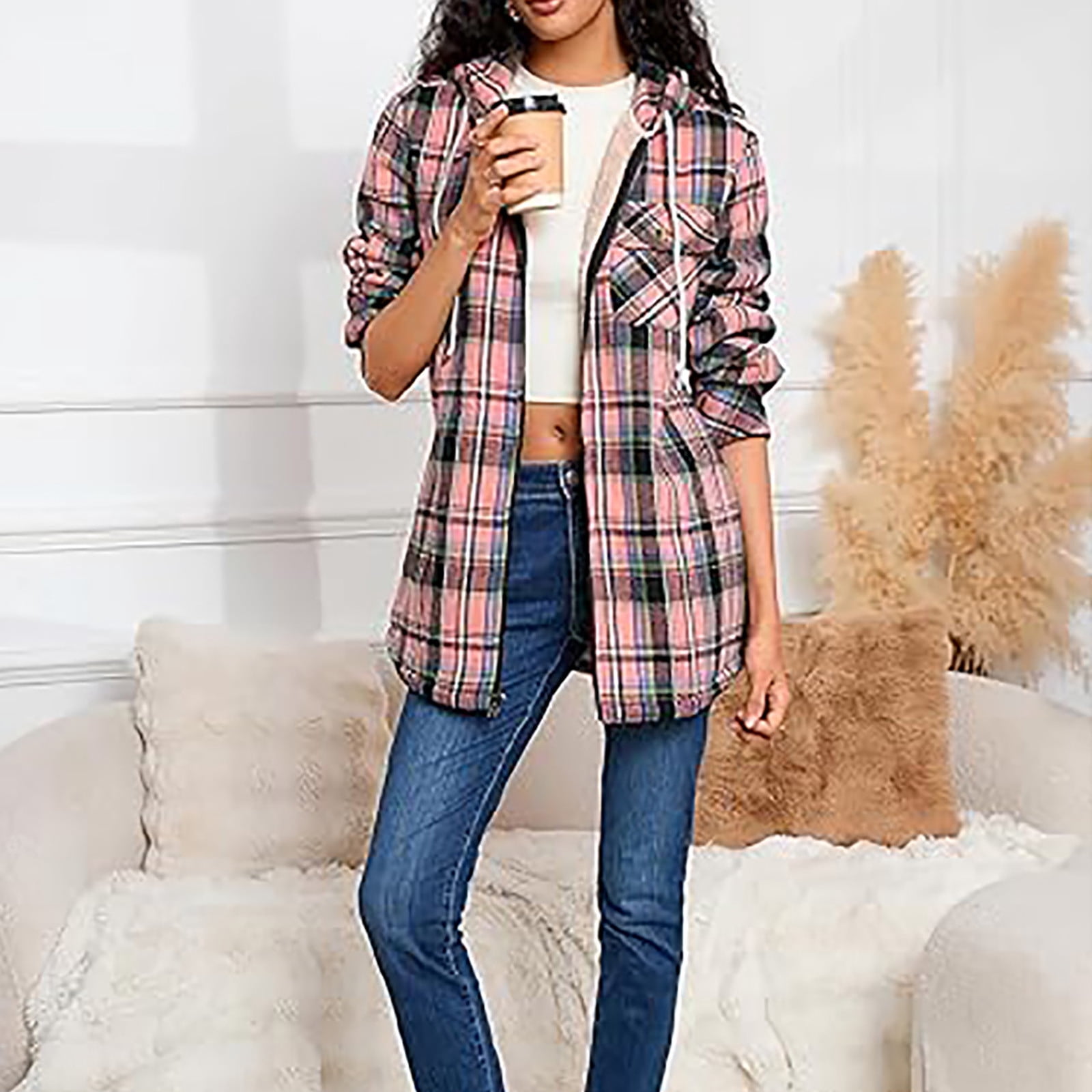 Womens Sherpa Fleece Lined Flannel Jacket Button Down Plaid Lightweight Flannel Shirt Jacket Women