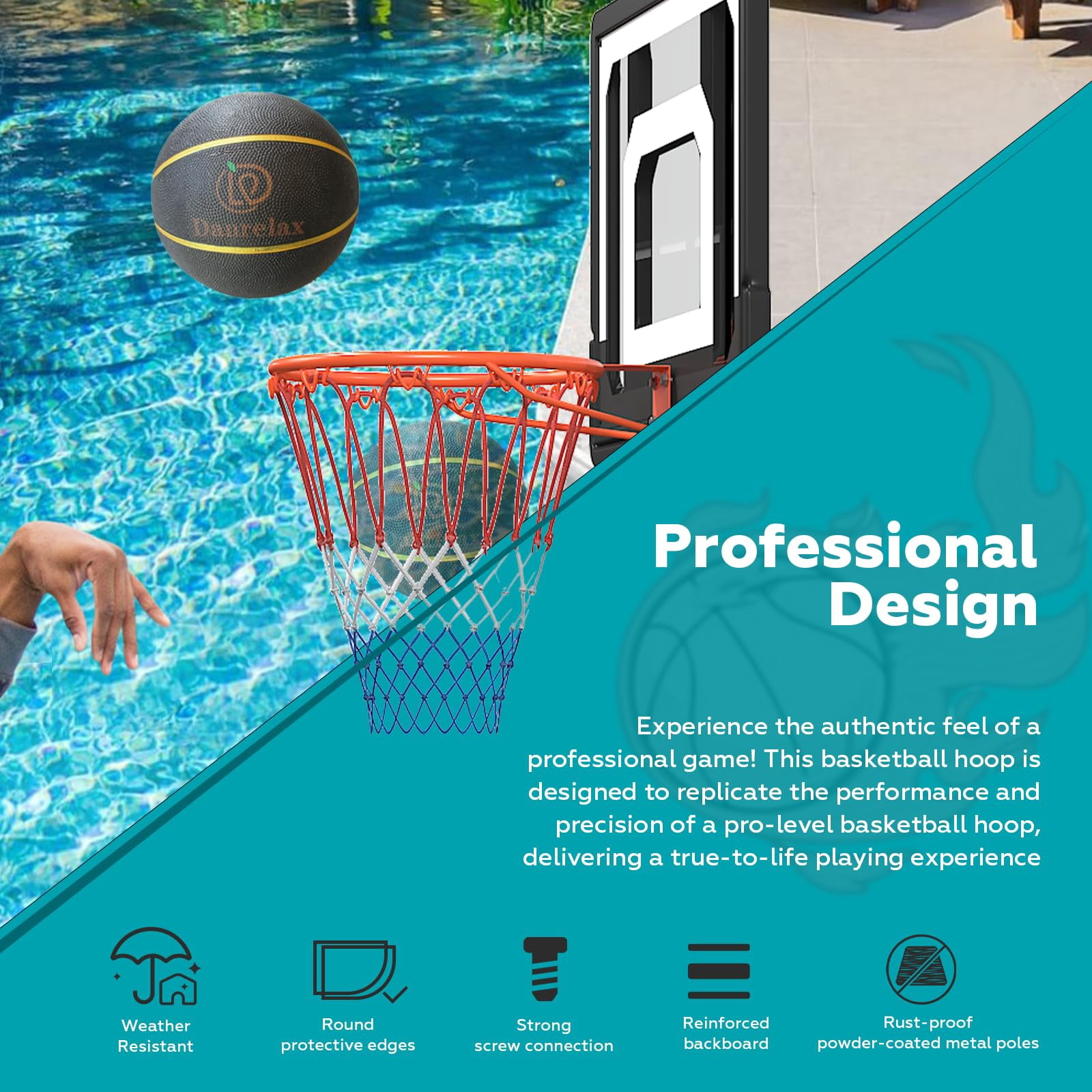 Bezliving Pool Basketball Hoop, Height Adjustable 3.9" to 6.9", Black PE Frame, Water Base, Includes Air Pump, 8-Inch Rubber Ball, Indoor & Outdoor Use