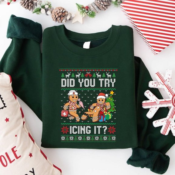 Retro ICU Nurse Christmas Sweatshirt, Gingerbread Christmas Sweat, Did You Try Icing It Sweat, Did You Try Icing It, Funny Nursing Christmas