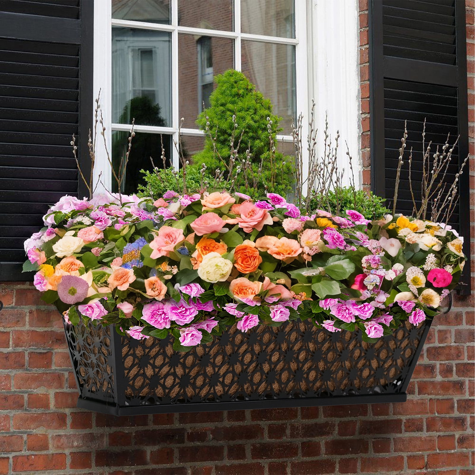 Balcony Planters Railing Hanging 24 Inch 4 Pack Window Boxes with Adjustable Bracket and Coco Liner for Porch, Fence, Patio Hanging Planters for Garden Outdoor