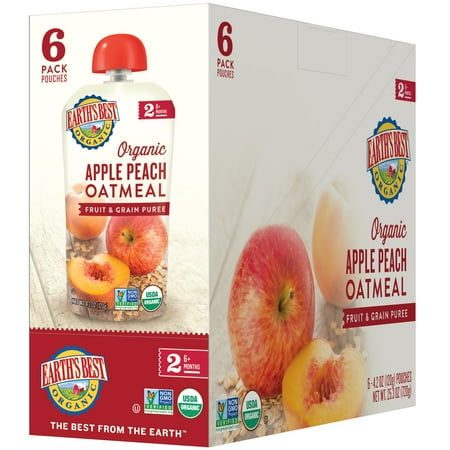 Earth's Best Organic Stage 2, Apple Peach Oatmeal Fruit and Grain Puree, 4.2 Ounce Pouch (Pack of 6)