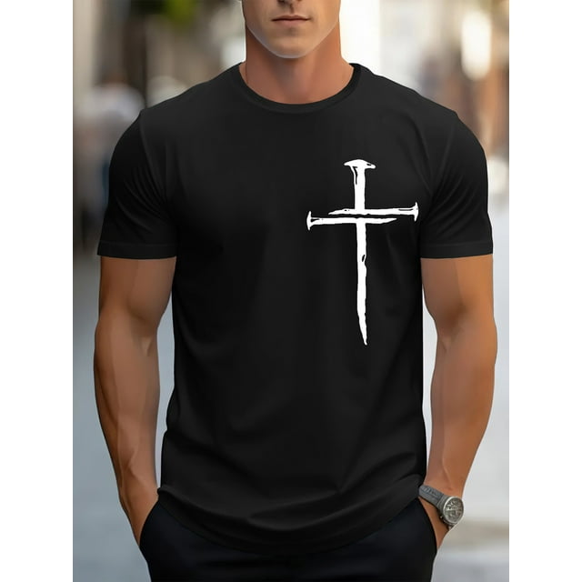 Summer Simple Cross Print Crew Neck Round Collar T-Shirt, Polyester, Casual, Slight Stretch, Rib-Knit, Regular Fit, for Adult