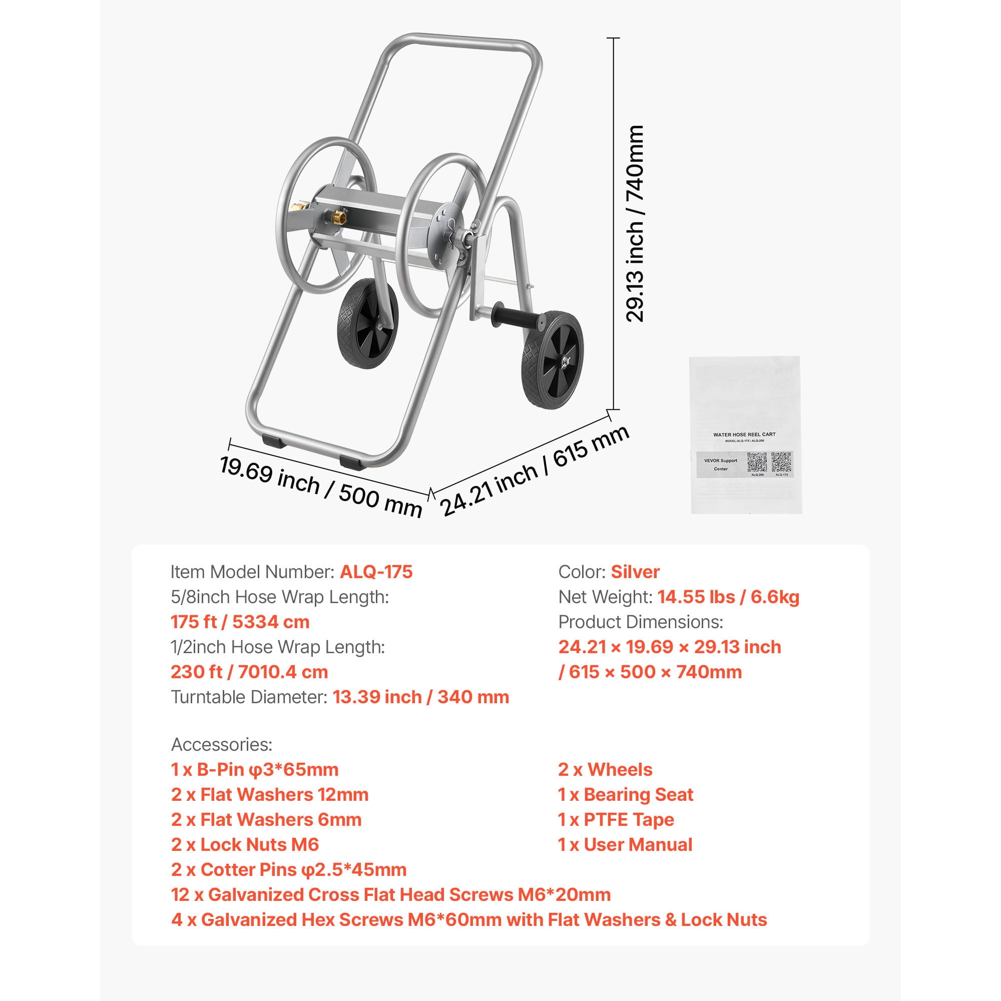 Heavy Duty Hose Reel Cart for 175 ft 5/8" Hose, Mobile Garden Tool