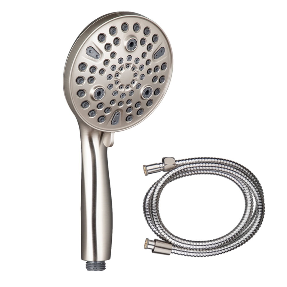 Set up a handheld shower with on/off pause switch and brushed nickel