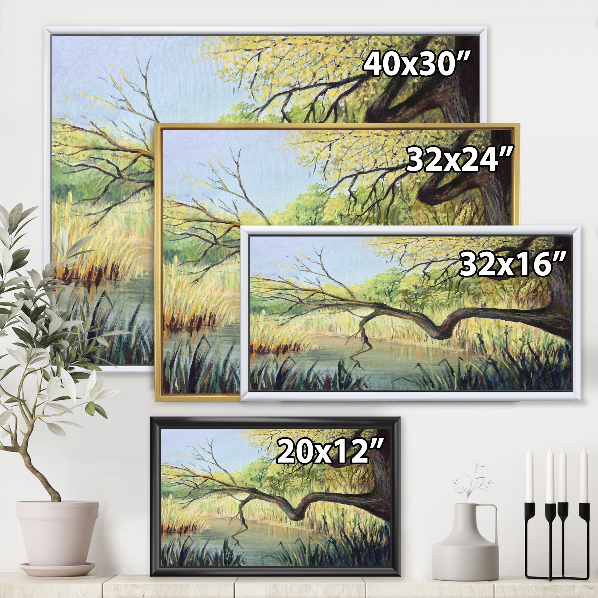 Designart 'The Lake of Silence From The Tree' Lake House Framed Canvas Wall Art Print