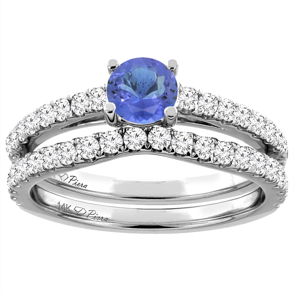 14K White Gold Diamond Natural Tanzanite Engagement Bridal Ring Set Round 6 mm, size 5 by Gabriella Gold