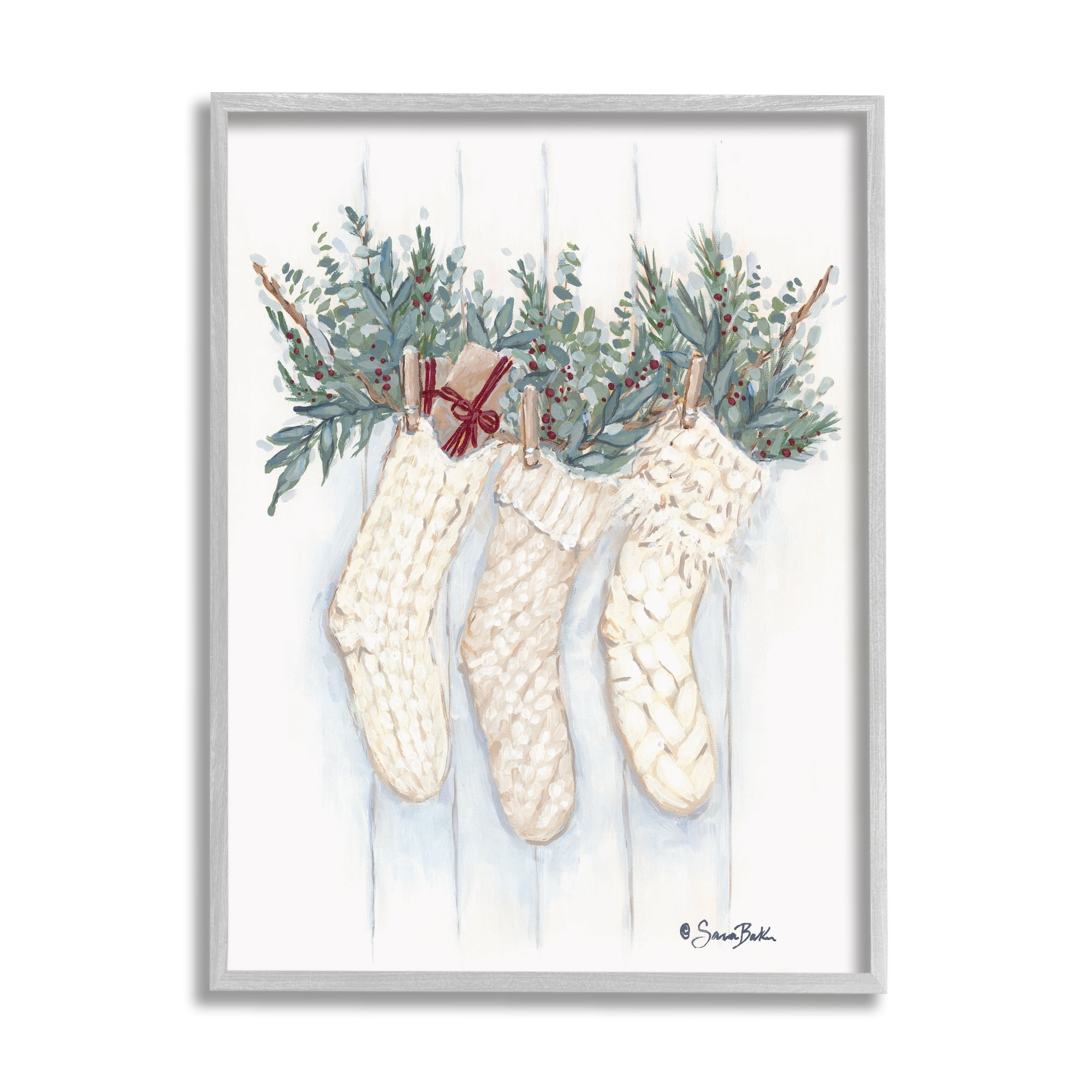 Hanging White Knit Stockings Festive Holly Detail Botanical & Floral Painting Framed Art Print Wall Art