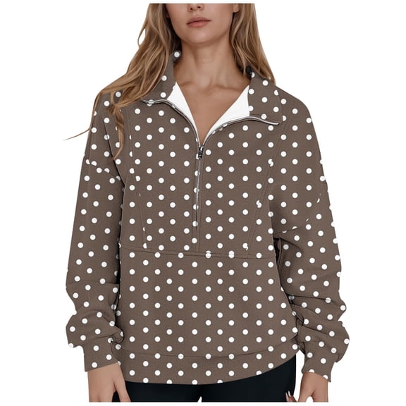 JGGSPWM Women Polka Dot Hoodie Half Zip Long Sleeve Oversized Fleece Hooded Sweatshirt Graphic Print Loose Fall Winter Outfit Brown XXL