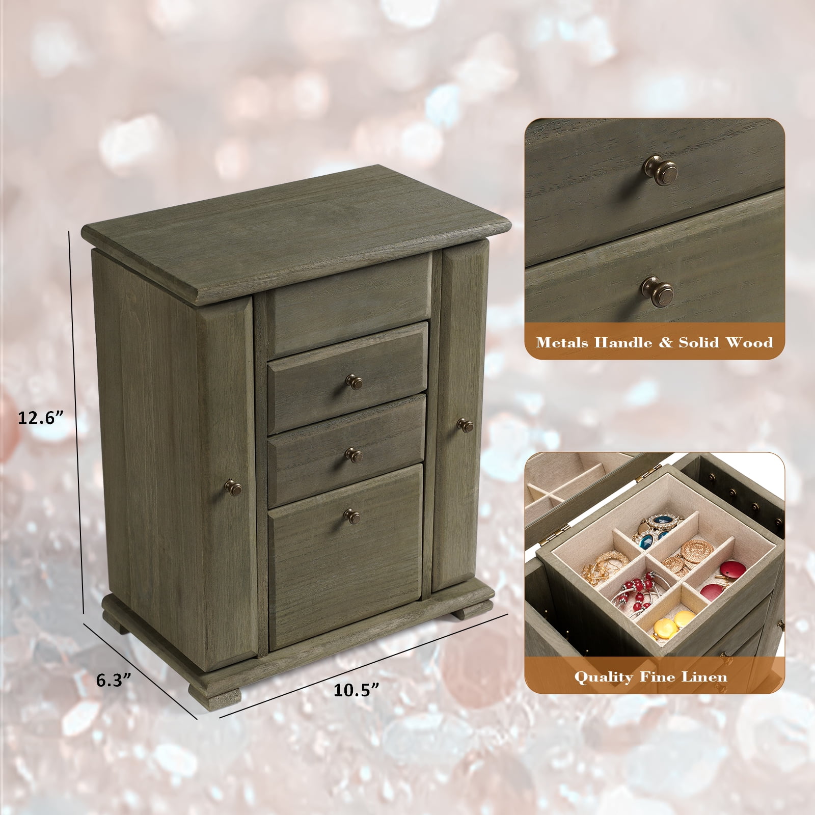 Sfugno Jewelry Box, 4 Layer Wooden Jewelry Boxes for Women, Jewelry Organizer Box Display for Rings Earrings Necklaces Bracelets,Weathered Gray
