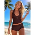 thumbnail image 3 of Women's Summer Tankini Swimsuit Solid Color Halter Tops Micro Shorts, 3 of 8