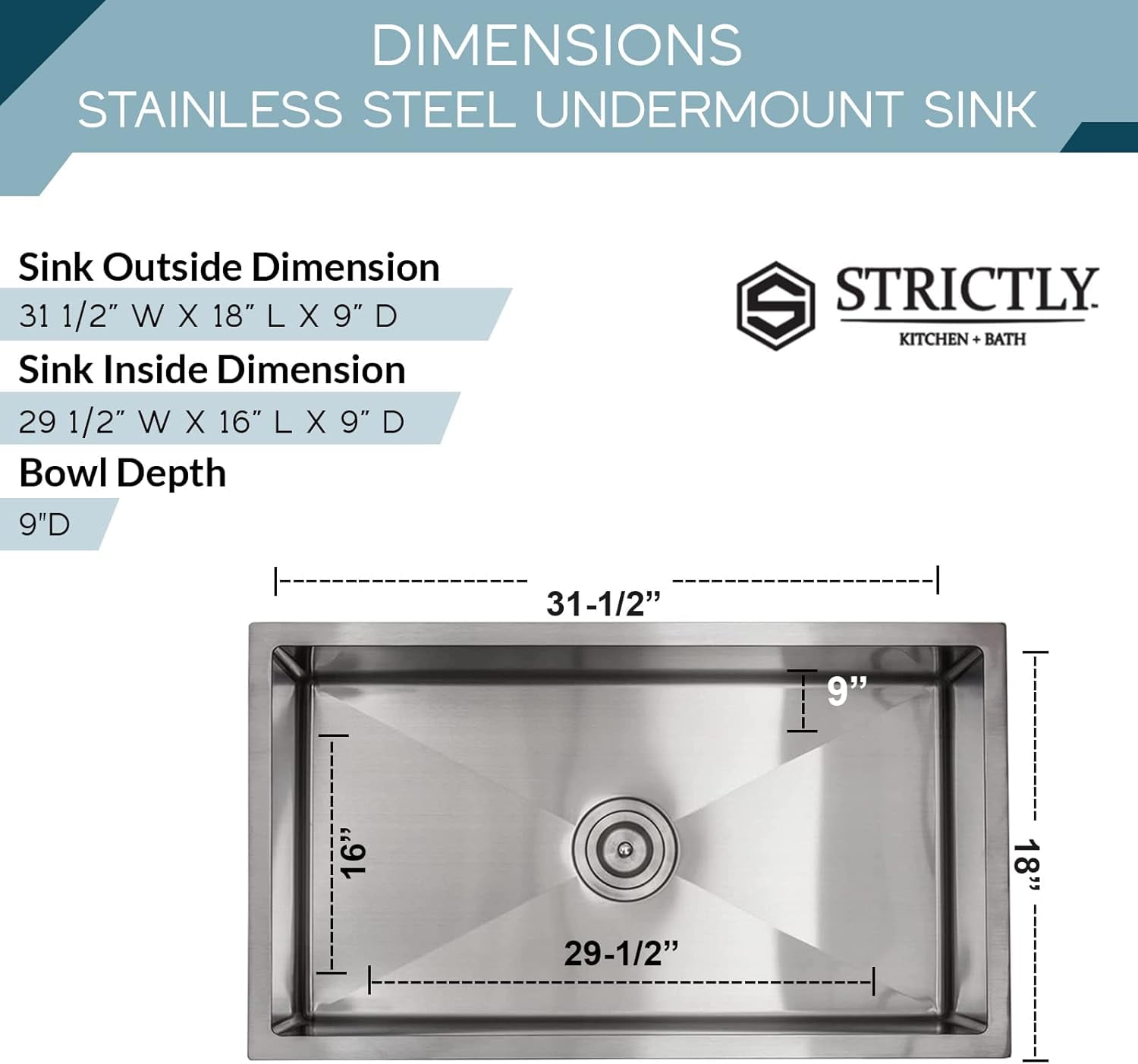 Strictly Sinks 31.5 In Stainless Steel Undermount Kitchen Sink – 16 Gauge Single Bowl Kitchen Sink
