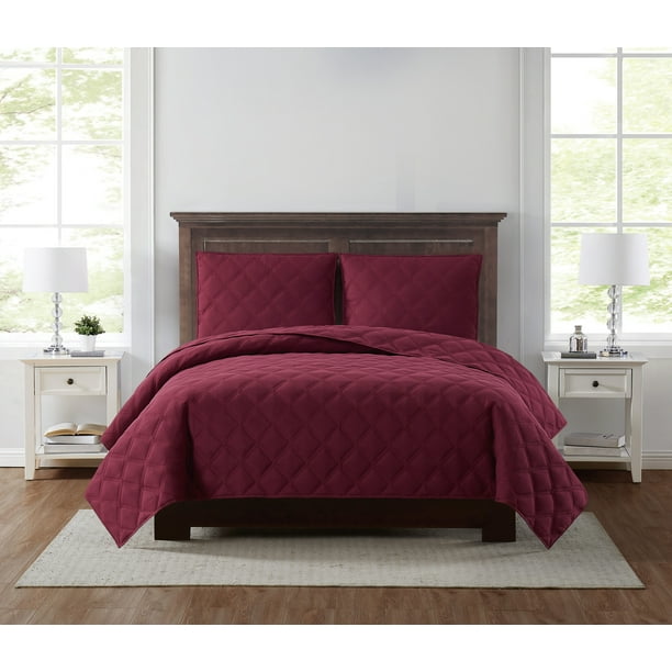 Truly Soft Everyday 3D Puff Quilted Burgundy King 3 Piece Quilt Set