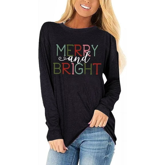 Womens Long Sleeve Merry Christmas T-Shirts Christmas Tree Bright Graphic Tee Tops (L,Black)