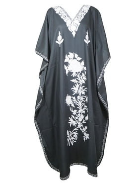 Mogul Women Black Maxi Caftan Floral Embellished Cotton Long Resort Wear House Dress One size