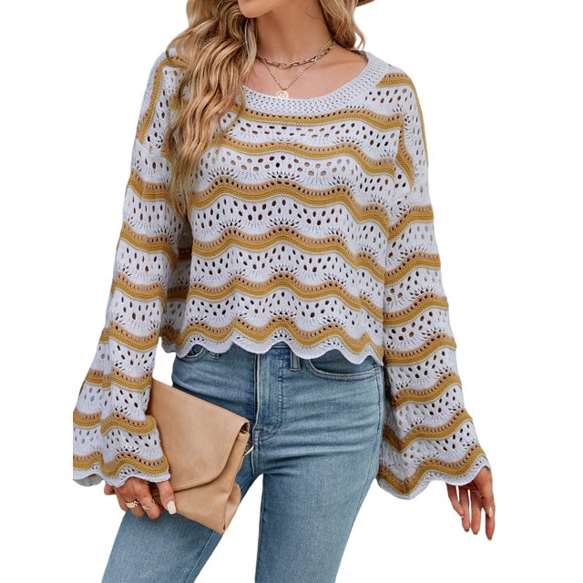 xiaxaixu Pull Tricoté pour Femmes Manches Longues Col Rond Creusé Vague Automne Mode Urbaine