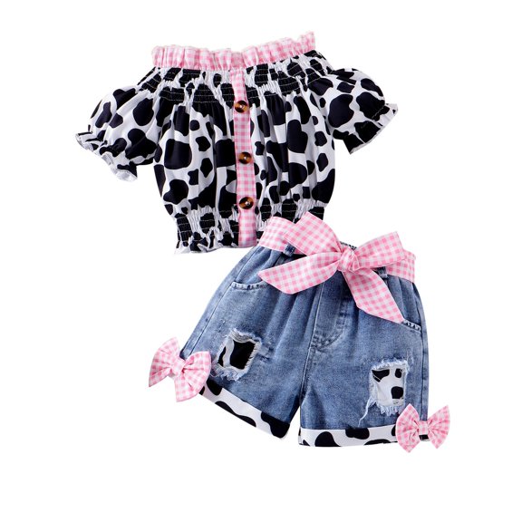 Toddler Girls Outfit Short Sleeve Stylish Leopard Print Plaid Top Shorts Clothes Size 3-4T