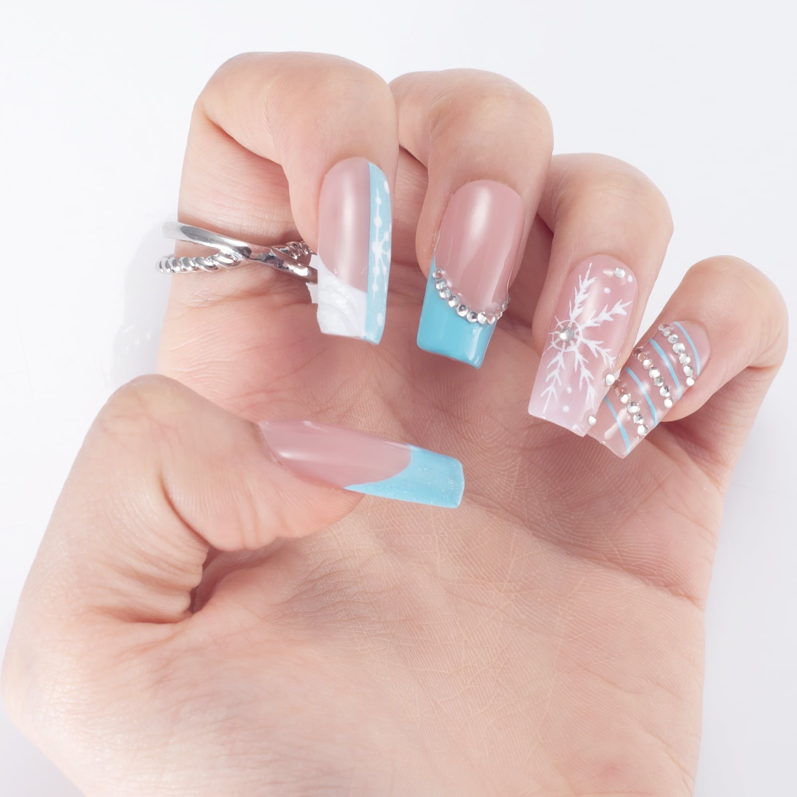 Wollet Icy Blue Snowfall Square Press-On Nails, Handcrafted Acrylic,10PCS Reusable
