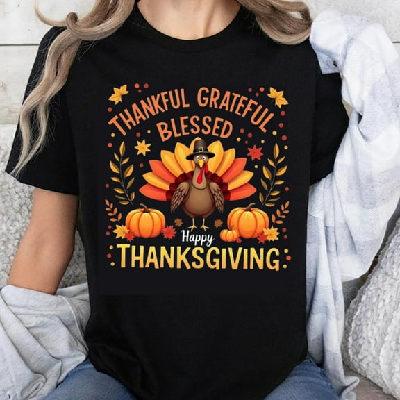 100% Cotton Thankful Grateful Blessed Happy Thanksgiving Turkey Pumpkin Autumn Festival Shirt for Women Men Family Holiday Wear