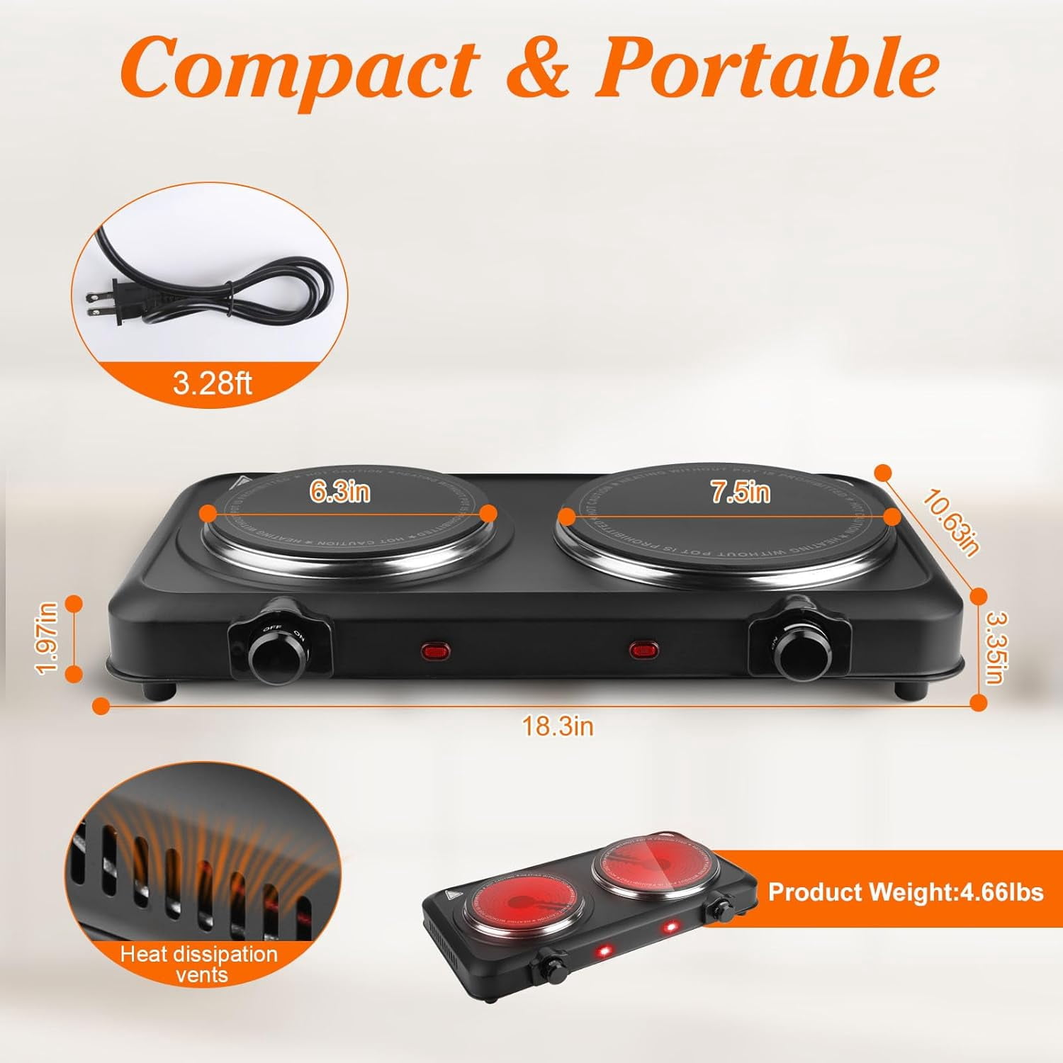 Hot Plates for Countertop, Battery Powered Hot Plate, Electric Hot Plate, 1200w Electric Infrared Single Burner,  Portable Counter Single Stove with 7.5” Glass Cooktop