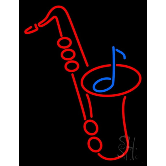 Red Saxophone Logo 1 LED Neon Sign 31" Tall x 24" Wide - inches Black Square Cut Acrylic Backing, with Dimmer - Premium built indoor Sign for Studio, Club, Home décor, Event, Workshop, Storefront.