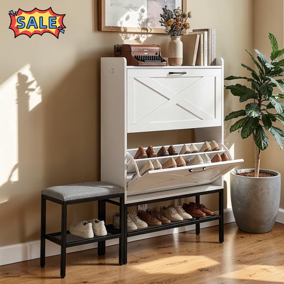 Tcbosik Narrow Shoe Cabinet with Bench, Shoe Storage Organizer with Mesh Shelf and 2 Flip Drawers, Narrow Shoe Rack with Side Hooks for Foyer, Entryway, Hallway, Easy Assembly, White