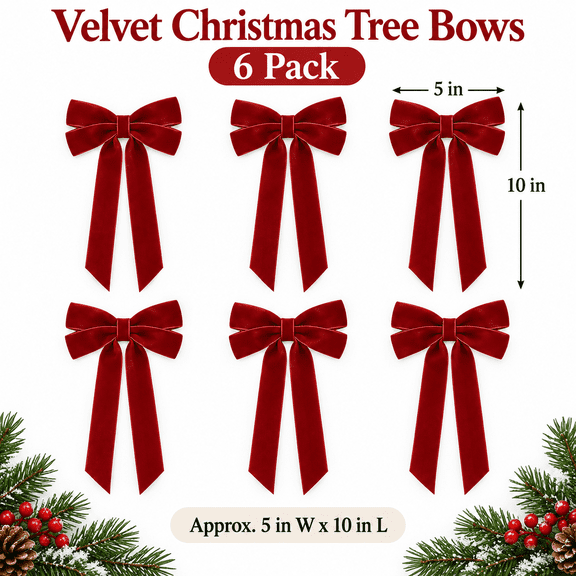 Velvet Christmas Bows with Long Tails, Pre-Tied Holiday Decorations for Christmas Trees, Wreaths, Garlands, Gift Boxes, Doors and Mantels