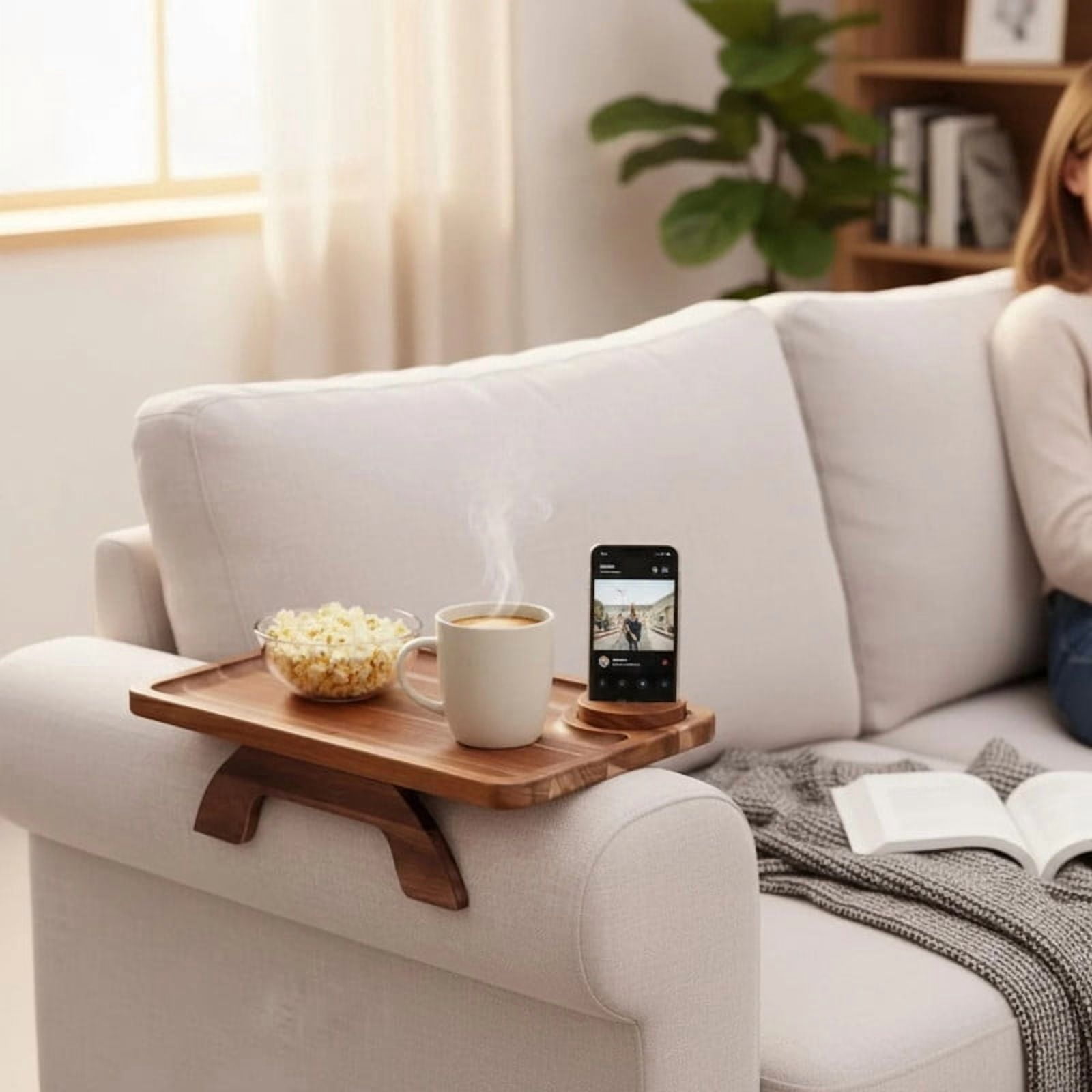 Gianna Sofa Arm Tray,3-in-1 Clip-On Table TV Tray with Rotating Cup Holder and Phone Stand, Brown