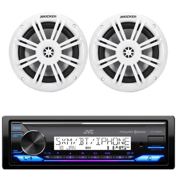 JVC KD-X38MBS Single DIN Marine MotorSports Bluetooth USB AUX LED Illumination AM/FM Radio Stereo Receiver w/ 2x Kicker 49KM604W 6.5" 150 Watt Max Power 4 Ohm White Coaxial Marine Speakers