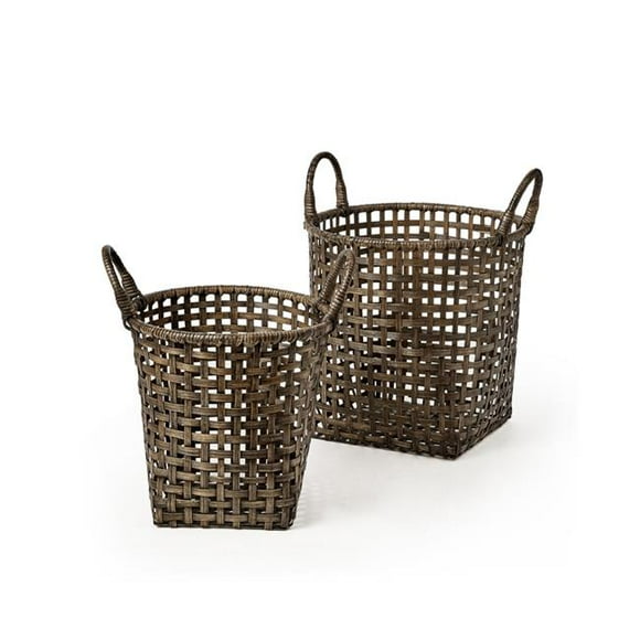 Baum 22A031K-BR Open Crosshatch Weave Bamboo Basket with Ear Handles - Round Top Square Bottom - Set of 2