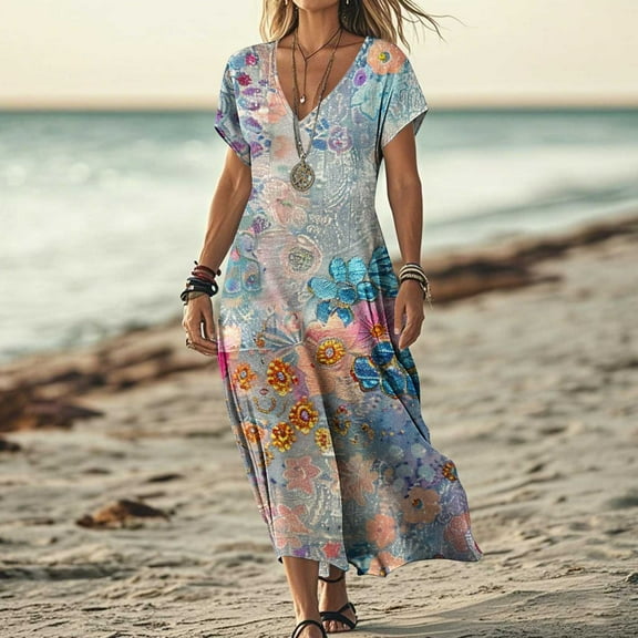 DailyTrove Women's Short Sleeve V Neck Tie Dye Maxi Dress, Artistic Outerwear for Summer Music Festivals Creative Outings